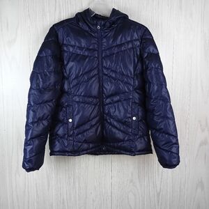 BNCI women Navy Blue XL puffer jacket w/ hood zipper hip pockets
